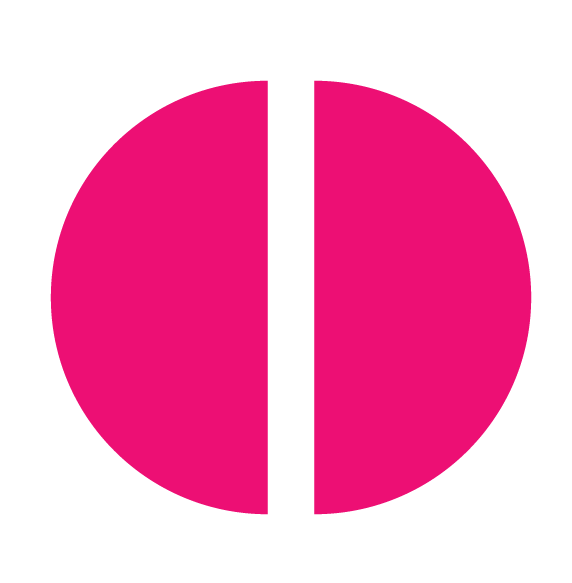Pink circle divided vertically in half, with a black background.