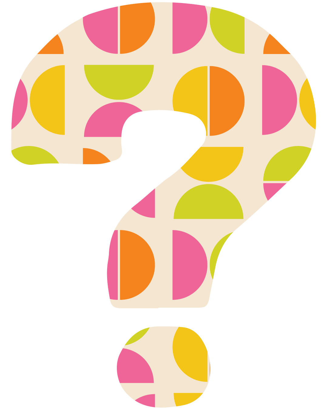 A black silhouette of a question mark with a colorful polka dot pattern inside, featuring pink, orange, yellow, and green semi-circles and half circles.
