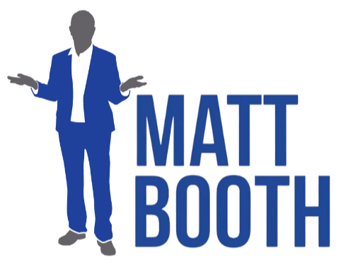 stylized illustration of man standing next to the words Matt Booth