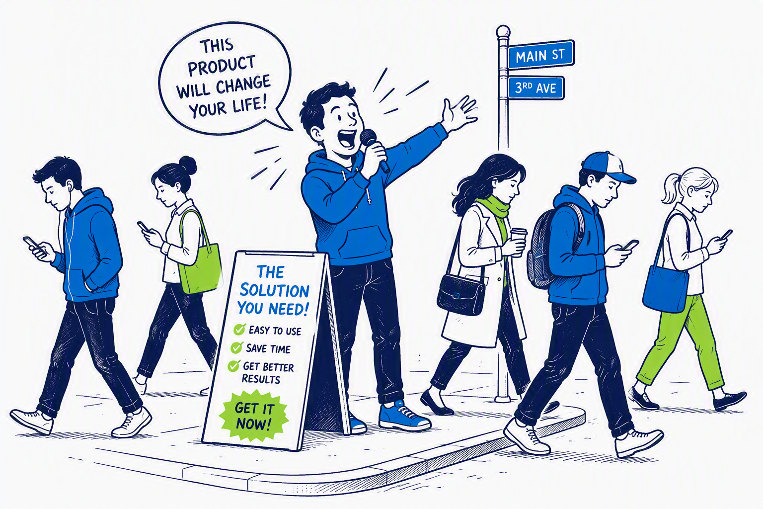 Cartoon illustration of a guy standing on a street corner announcing this product will change your life. Many people are walking by but no one is looking or paying attention.