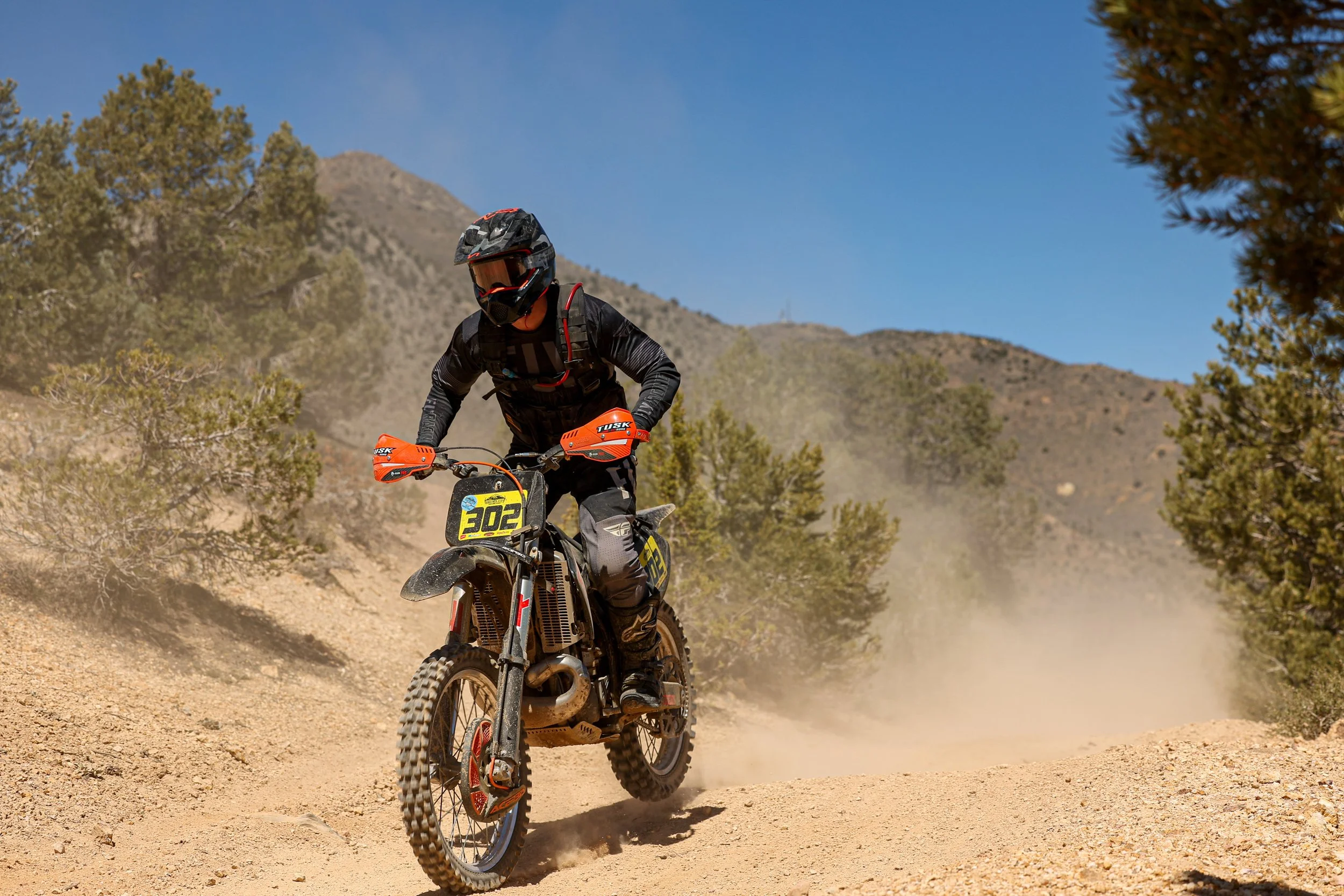 Motorcyclist racing on a dirt trail, kicking up dust, with mountains and trees in the background under a clear blue sky.