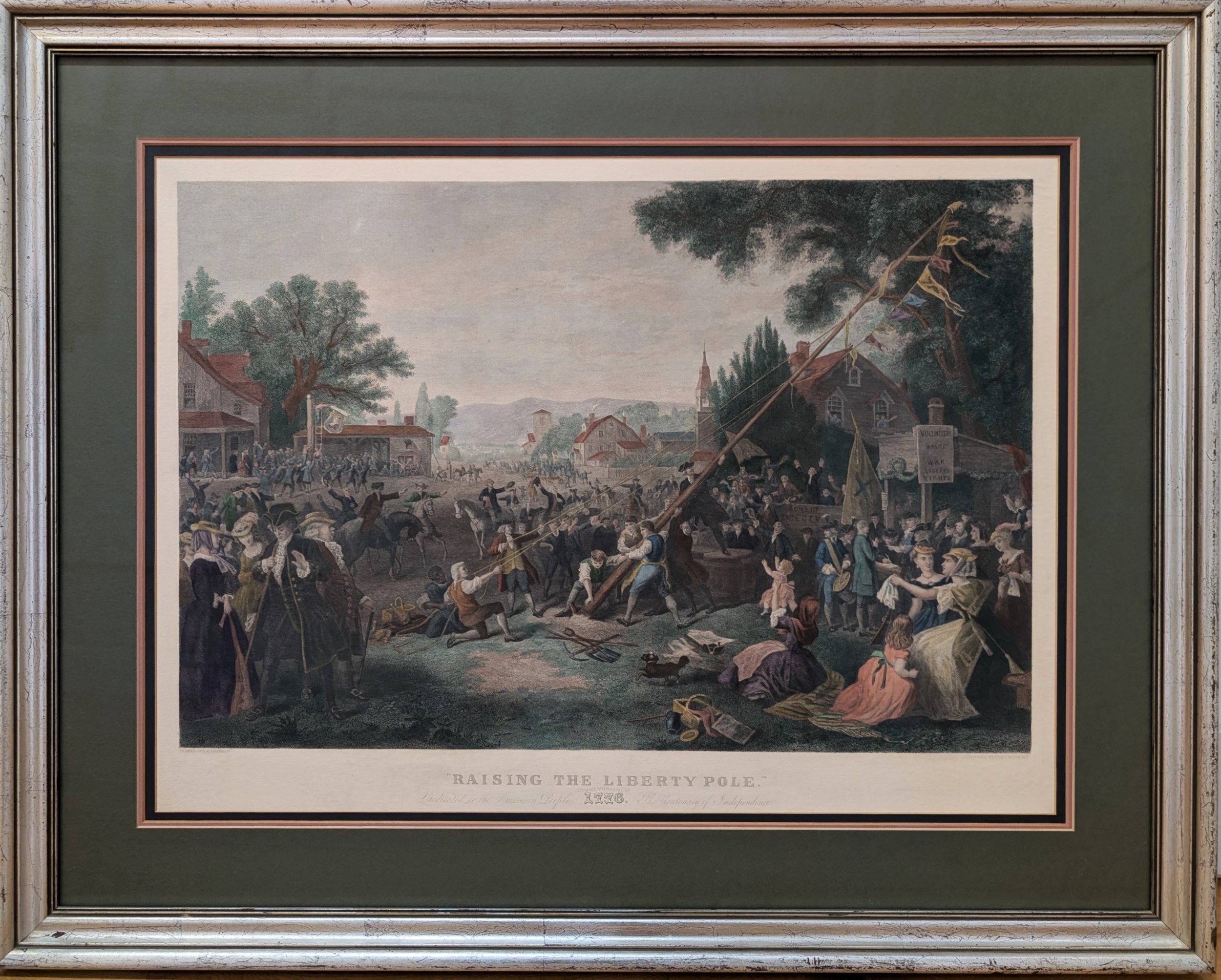 Original 1875 Steel Engraving for the 100th celebration of American Independence, called "Raising the Liberty Pole 1776" . Hand colored engraved by John C. McRae..
