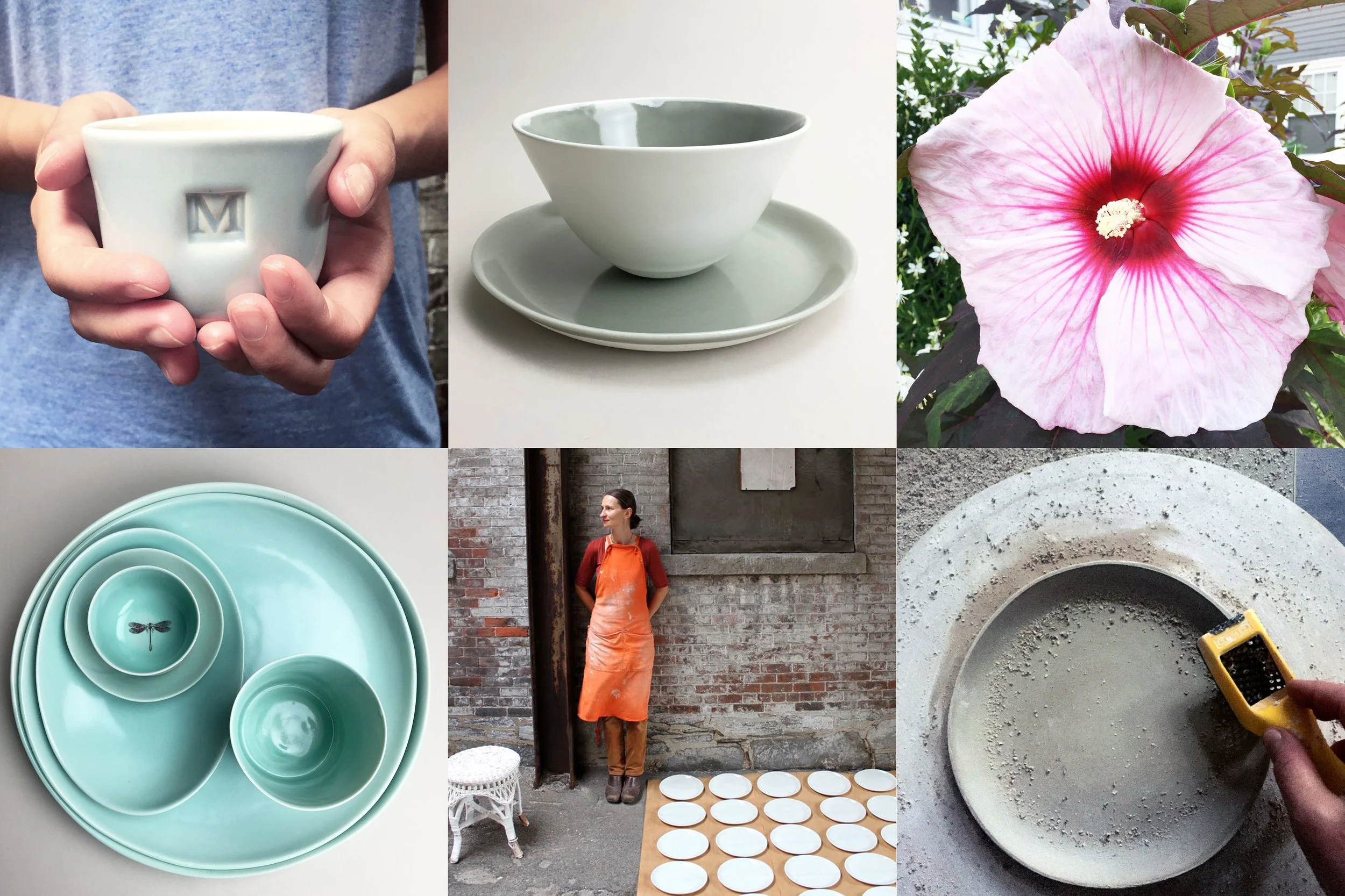Collage of six images featuring ceramic items, a flower, and a person. Top row: person holding a white mug with a letter 'M' on it, white bowl and saucer, pink and white hibiscus flower. Bottom row: set of light blue nested bowls, woman in orange apron standing next to ceramic plates on the ground, person scraping glaze from a ceramic plate.