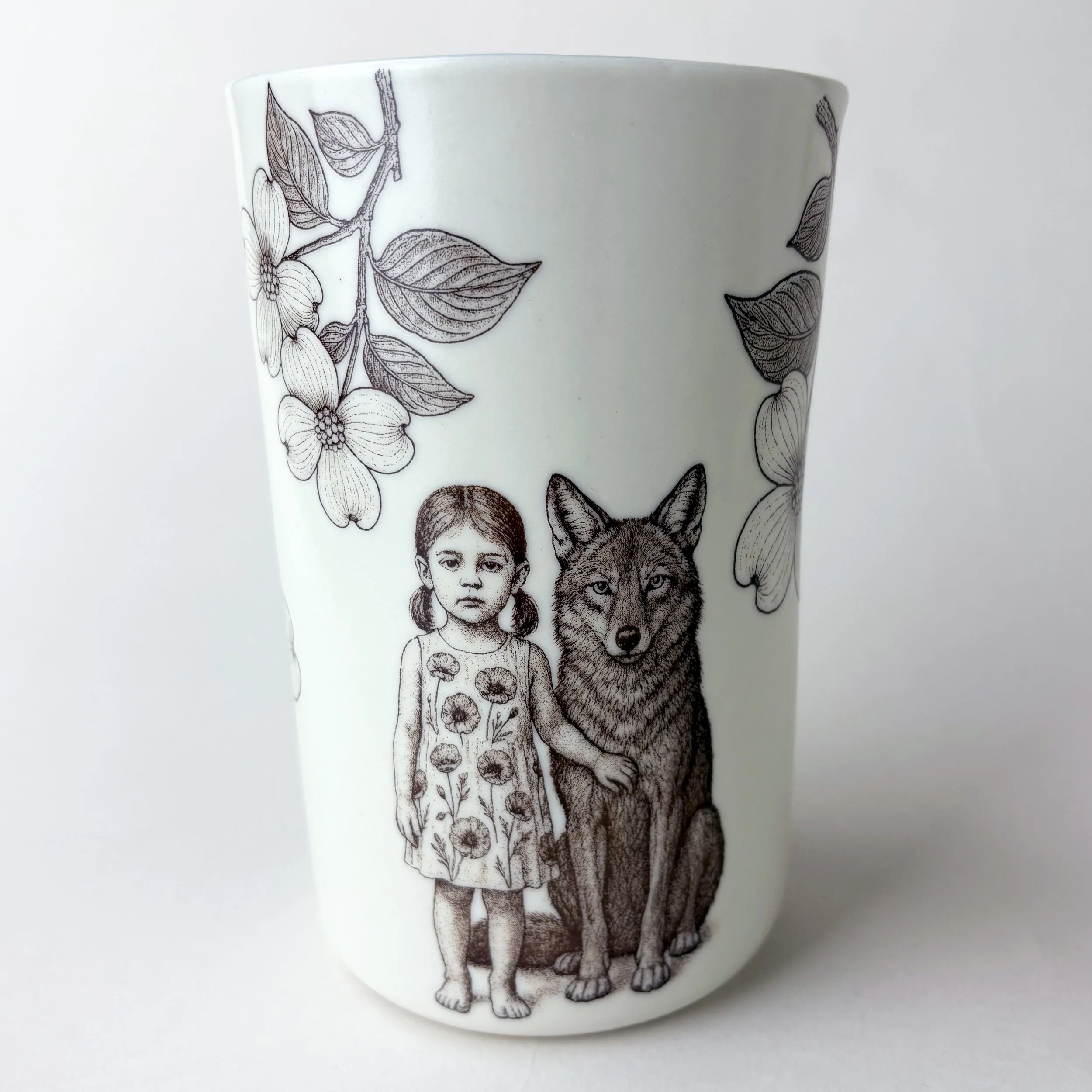 Secret Garden: girl and coyote with dogwood, limited edition vase