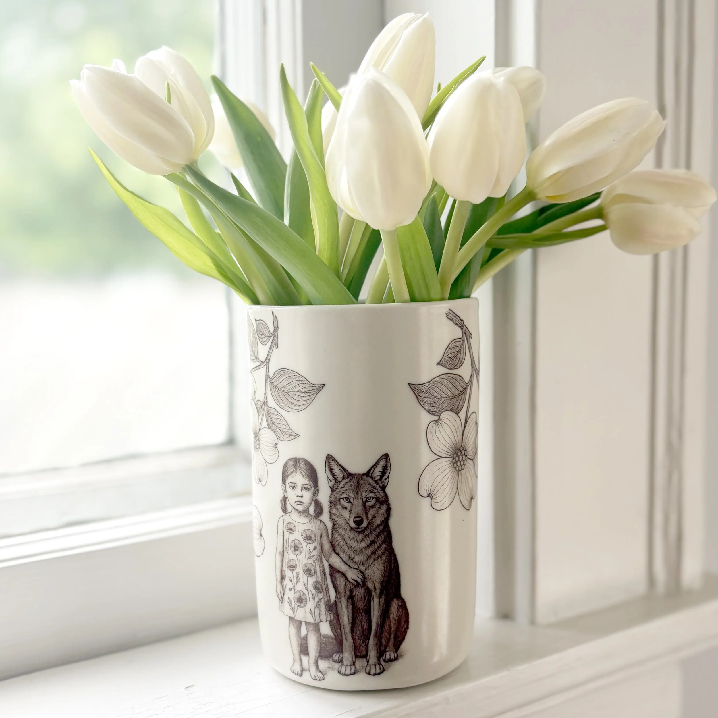 Secret Garden: girl and coyote with dogwood, limited edition vase