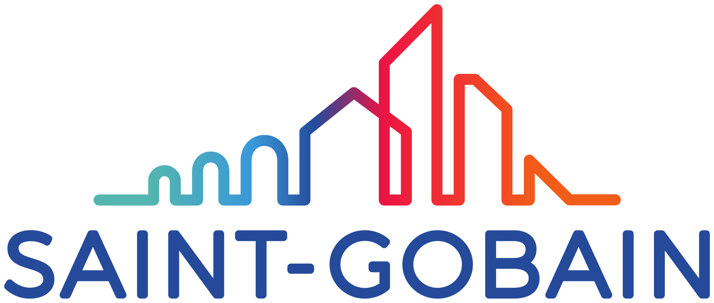 Colorful line graph with the words 'Saint-Gobain' below, featuring blue, purple, red, and orange lines resembling a bar chart against a black background.