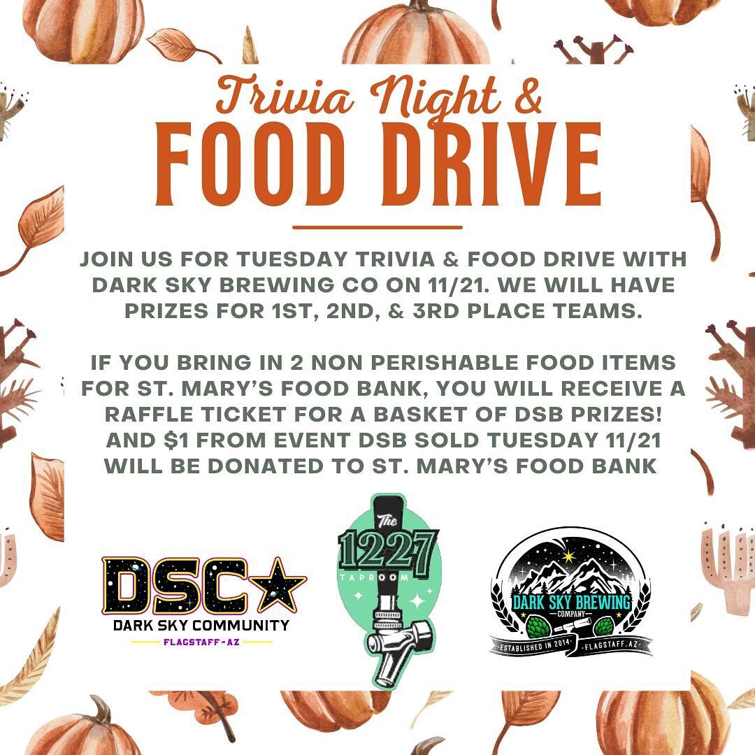 Tuesday 11/21 we will be at @the1227taproom for their trivia night! We are asking you to bring in non perishable food items for @stmarysfoodbank and if you bring in at least 2 items, you&rsquo;ll receive a raffle ticket for a @darkskybrewingco basket
