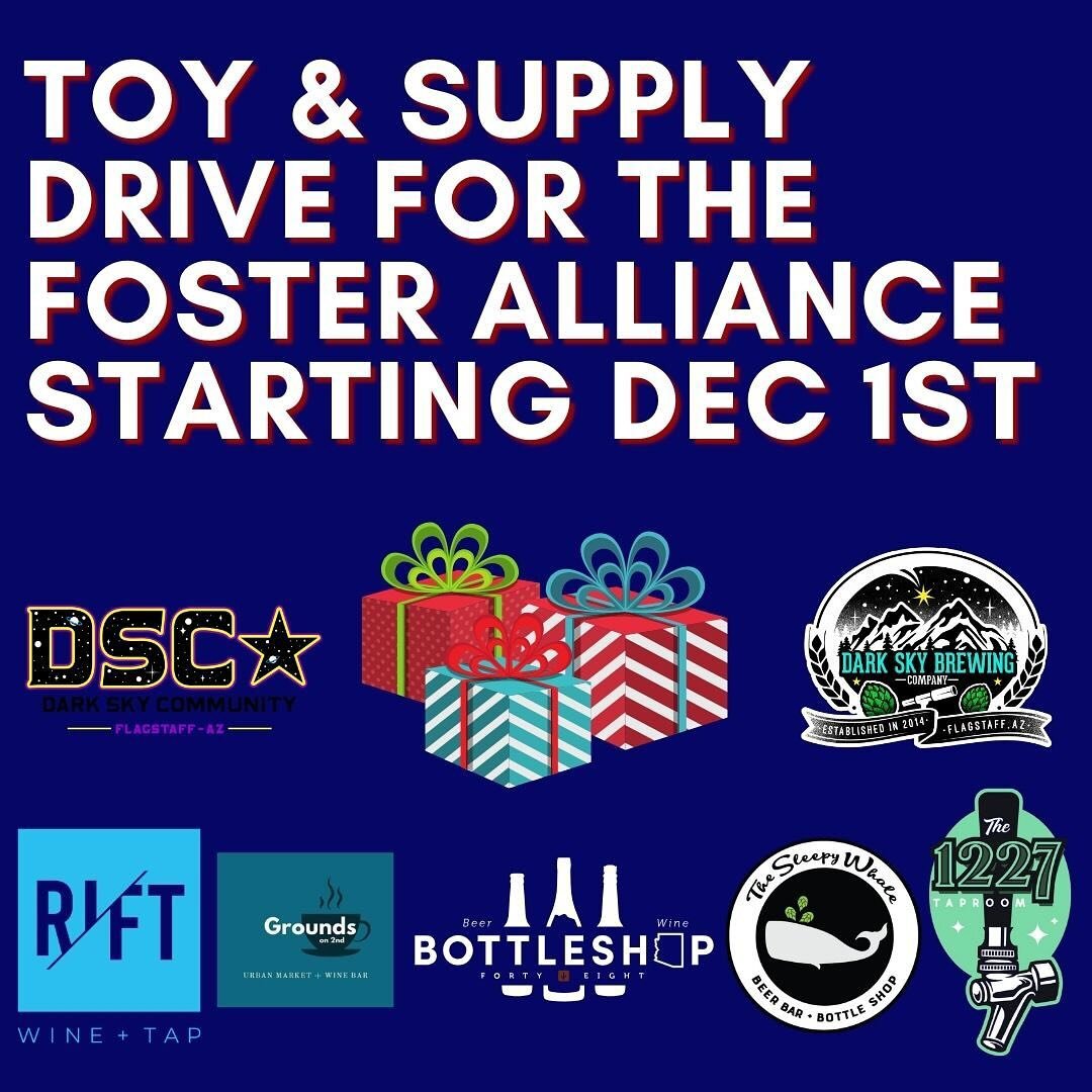 Starting December 1st we&rsquo;re teaming up with some fantastic partners for a toy and supply drive for the Foster Alliance! You can drop new and unwrapped gifts at any of our partner locations (@rift_bar @grounds_on_2nd @bottleshop48 @thesleepywhal