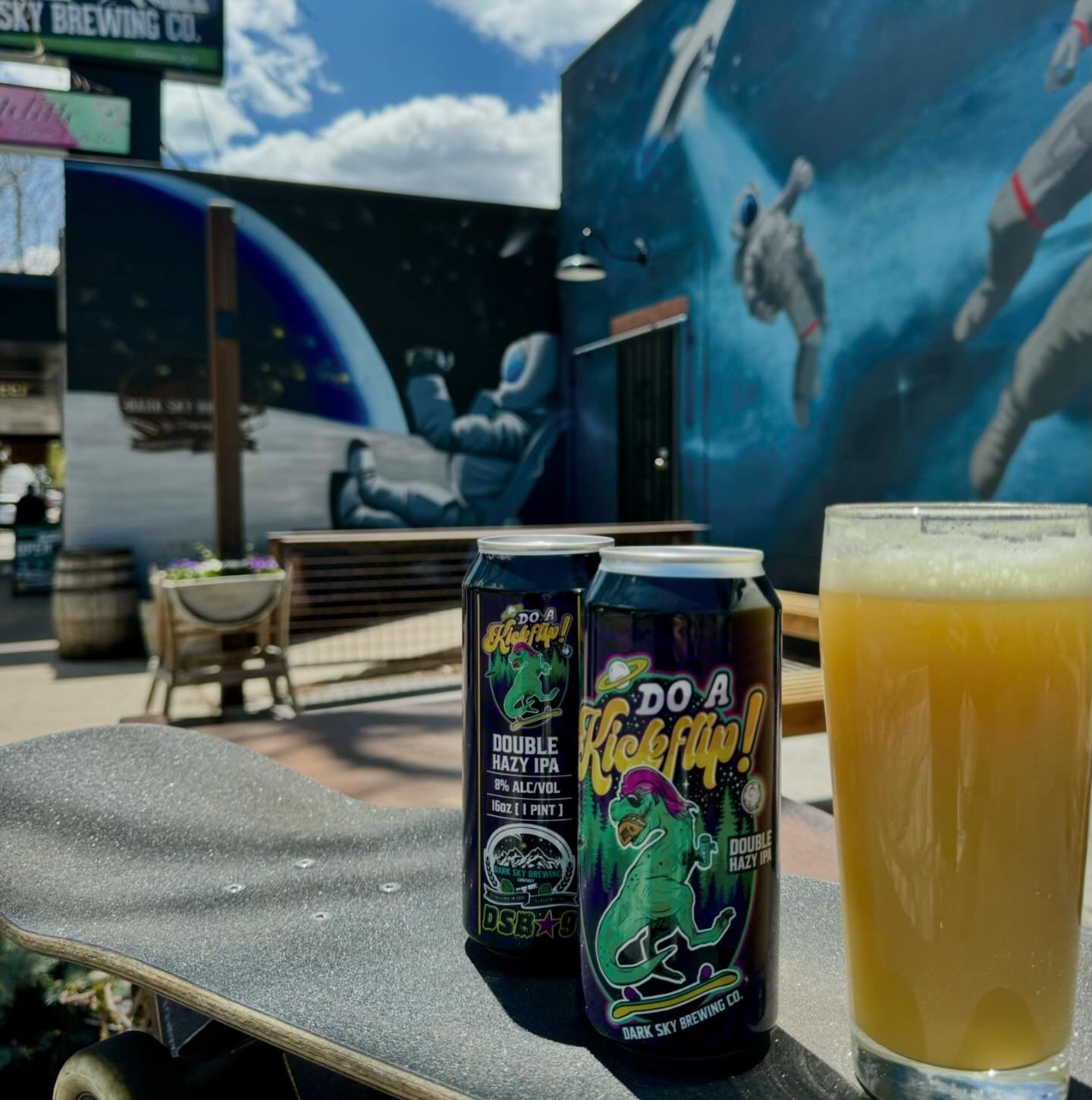 🛹🦖 Cheers to 9 Years 🛹🦖 

Who doesn&rsquo;t love a good hazy double, so we whipped up &ldquo;Do a Kickflip!&rdquo; This beer is a hazy murky monster, full of aromas of tangerine, clementine, grapefruit, lime, and subtler mango on the back. Flavor