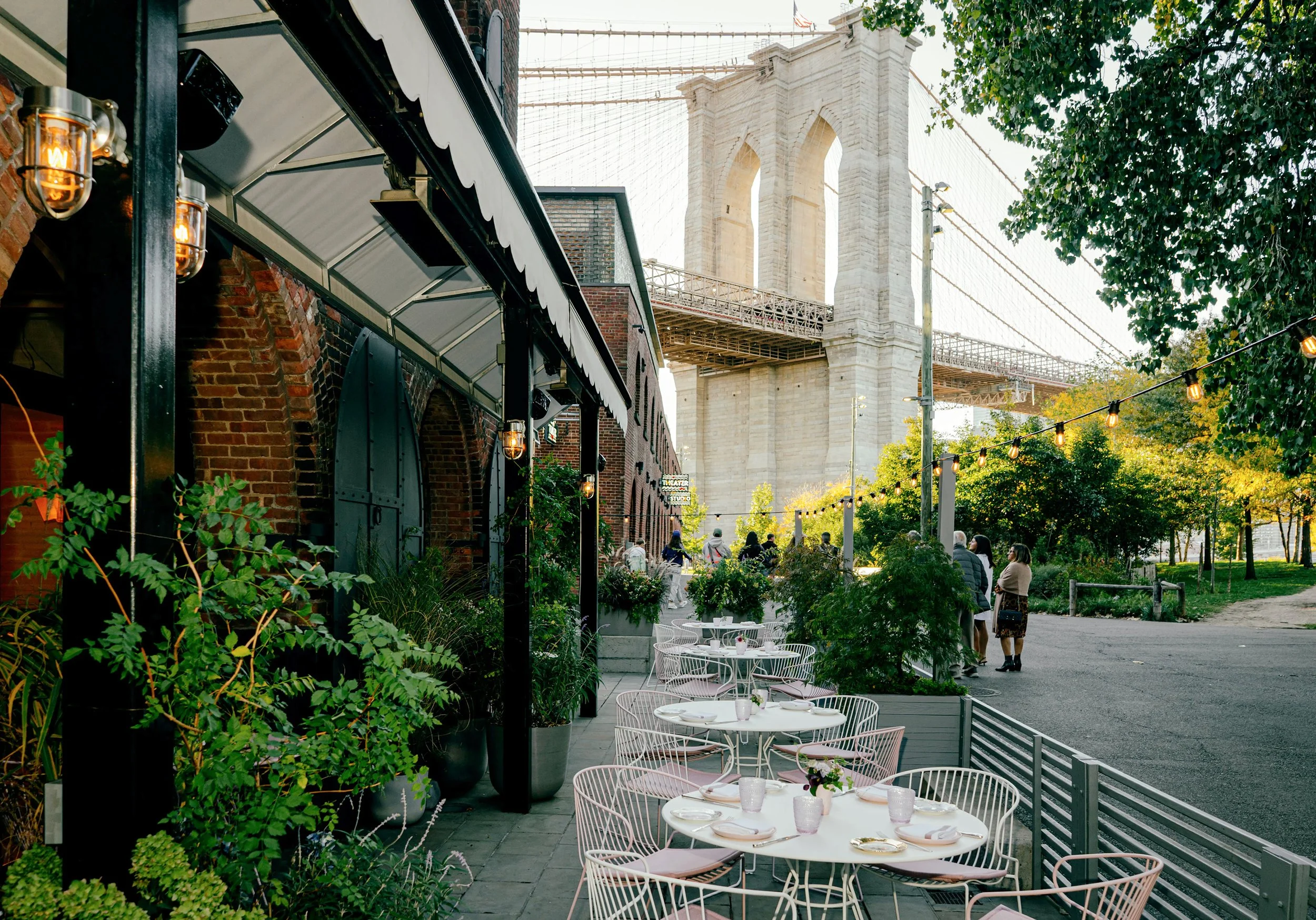 View of the Brooklyn Bridge from the patio of ABC Kitchens