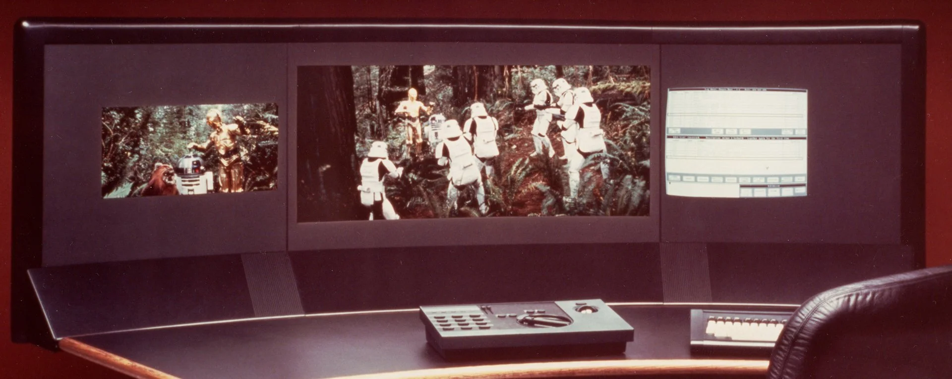 A Lucasfilm EditDroid editing console from the 1980s, featuring three screens showing Return of the Jedi footage and a digital editing timeline, with a touchpad control panel and keyboard in front.