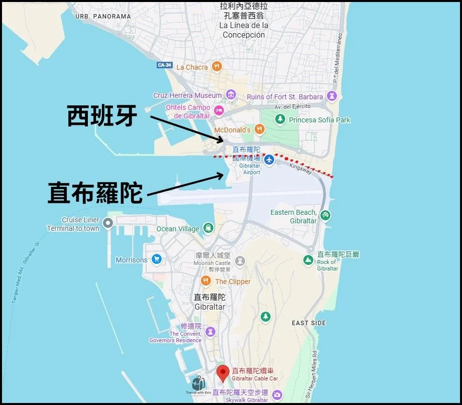 顯示直布羅陀與西班牙之間陸路邊境的地圖，方便了解過境位置與相對位置。