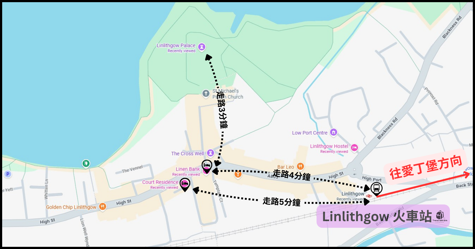 Linlithgow 小鎮地圖，清楚標示火車站、飯店與 Linlithgow Palace 之間的距離。