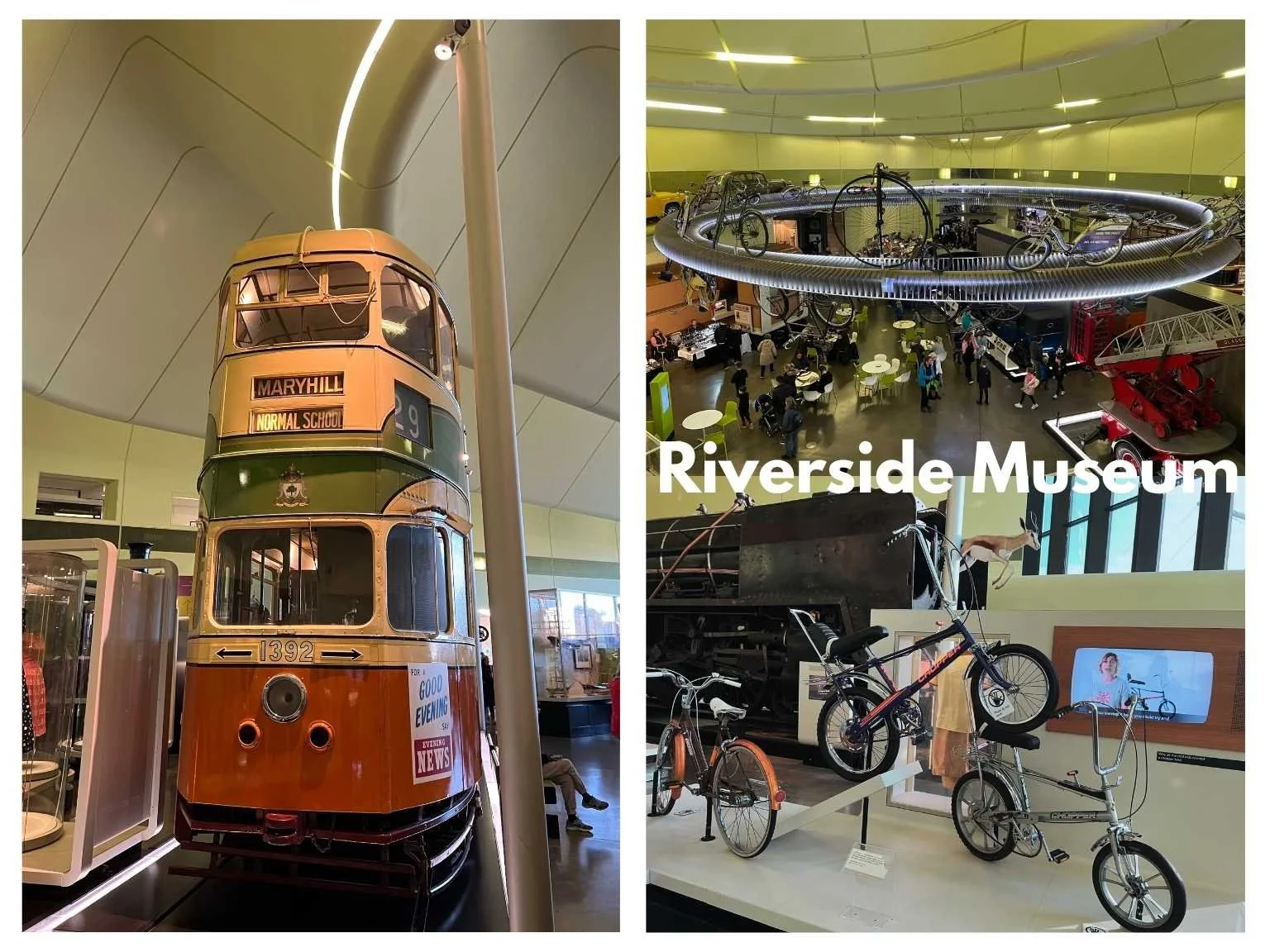 格拉斯哥 Riverside Museum 內部展出老式電車、汽車與腳踏車等交通工具。