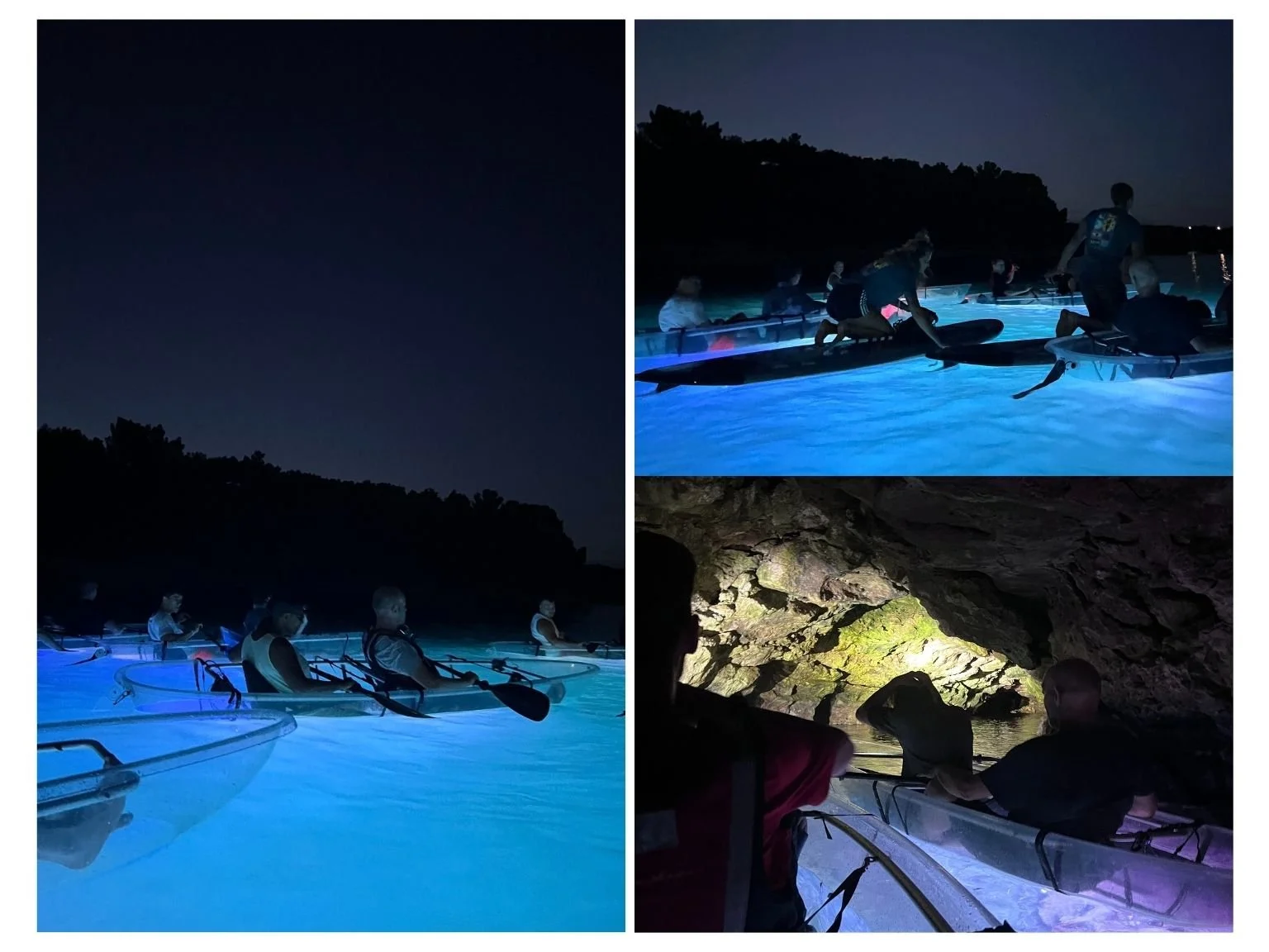 夜間透明皮划艇打開 LED 燈後，海面與洞穴呈現夢幻光景。