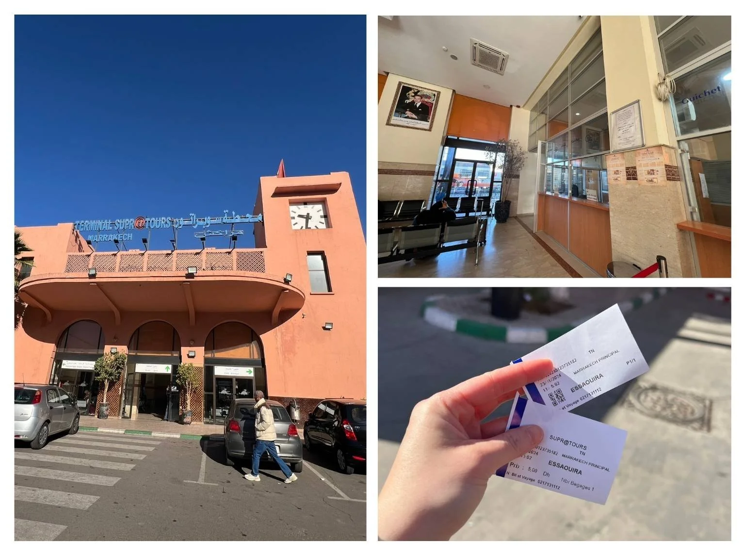 前往索維拉的 Supratours 巴士站就在馬拉喀什火車站旁，可看到車站外觀、售票櫃台與車票。