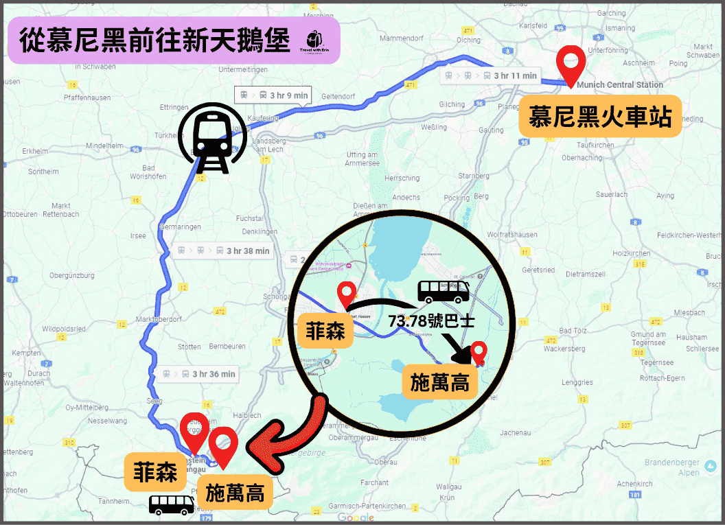 從慕尼黑搭火車至菲森（Füssen）再轉乘 73 或 78 號公車前往新天鵝堡山腳下的交通路線圖。