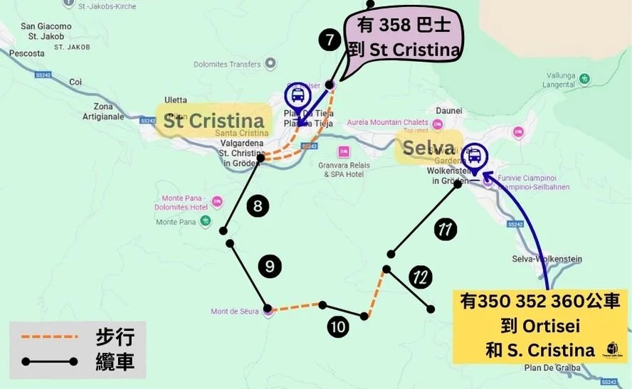 多洛米蒂 St. Cristina 四條纜車路線與 Selva 兩條纜車線位置圖，清楚標示纜車路線如何串聯，顯示兩個小鎮可透過纜車與健行輕鬆連接。