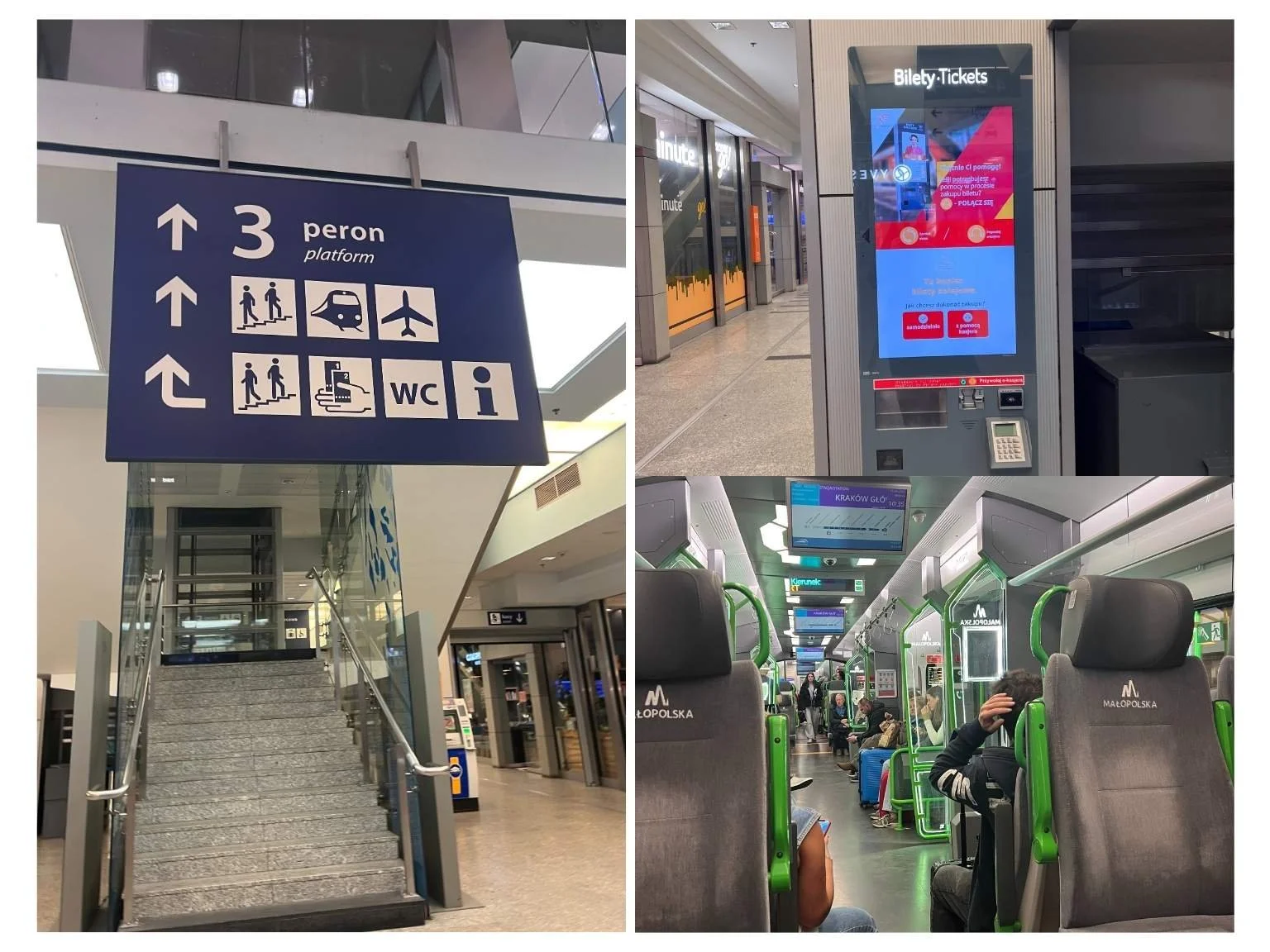 克拉科夫市區前往機場的火車售票機與車廂內部，搭火車往返機場相當方便