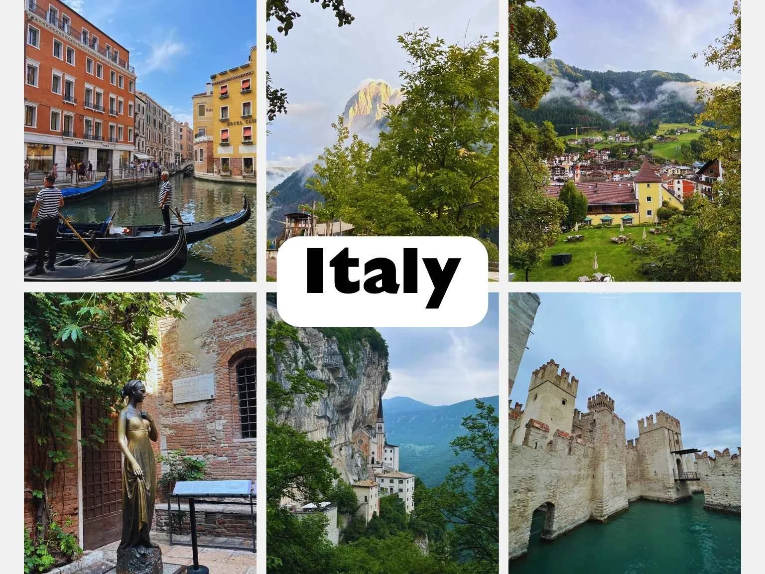 北義大利經典城市與自然風景綜合圖，包含威尼斯、維洛納、加爾達湖與多洛米蒂 Val Gardena。