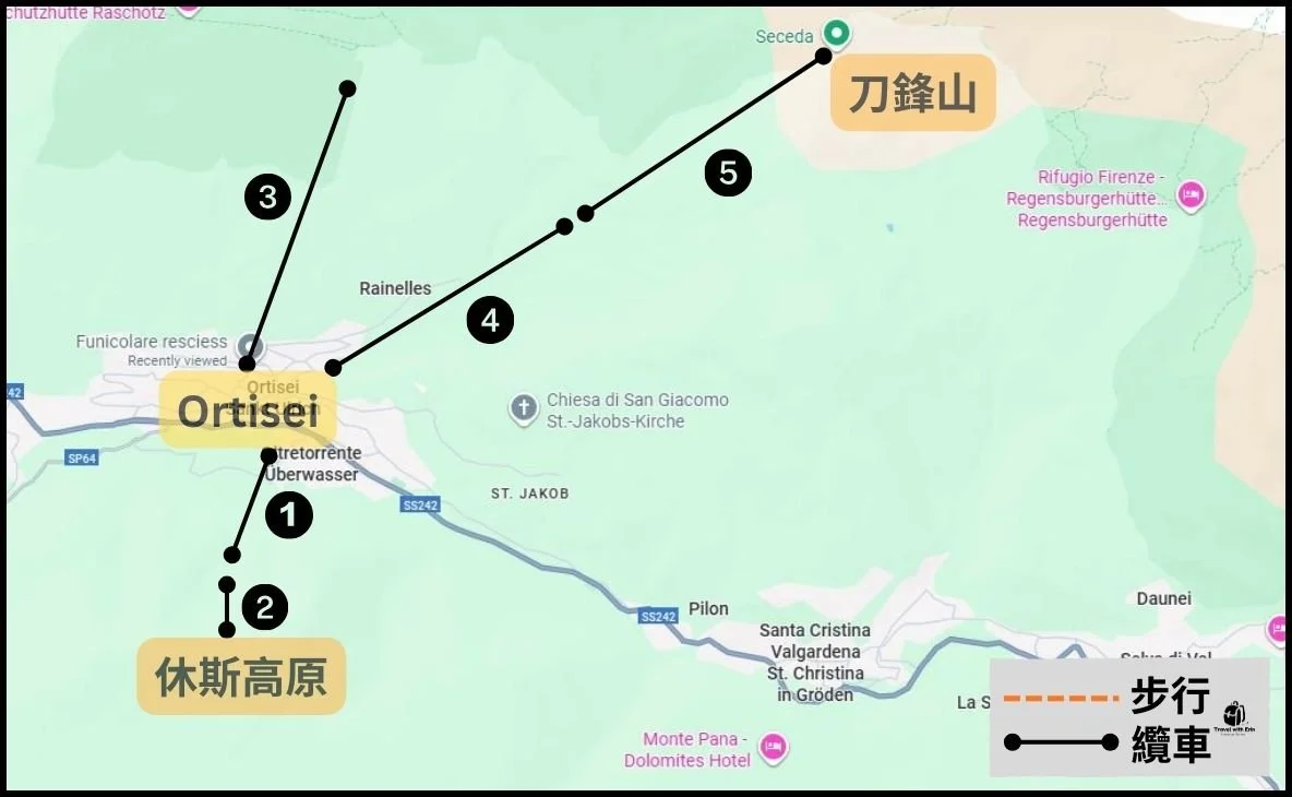 標示 多洛米蒂 Ortisei 三條纜車路線的地圖，一看就懂各觀景區怎麼搭。