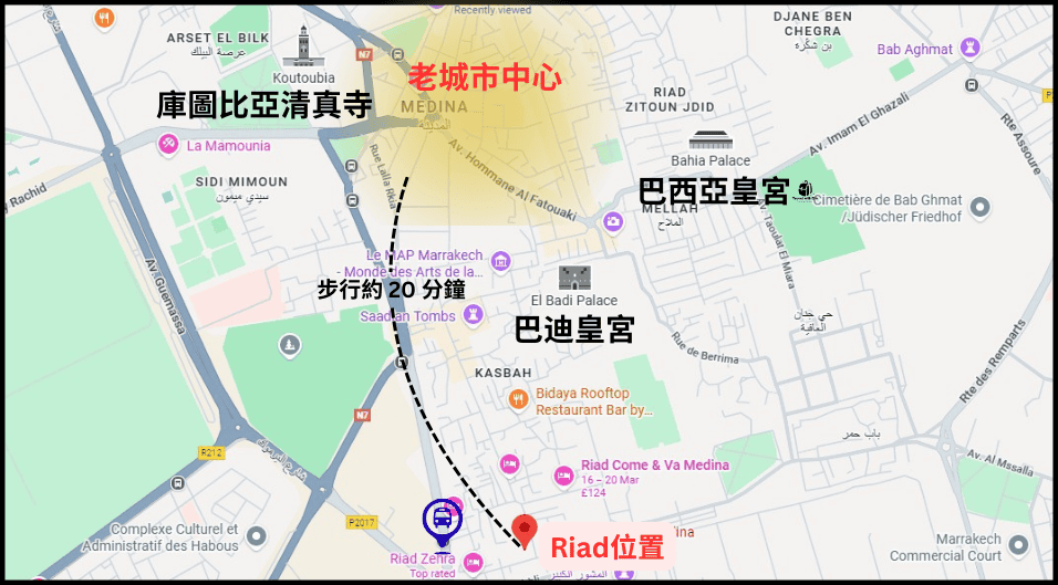 馬拉喀什老城區住宿 Les Jardins de la Medina 地理位置圖，標示出步行可到巴迪皇宮與德吉瑪廣場。