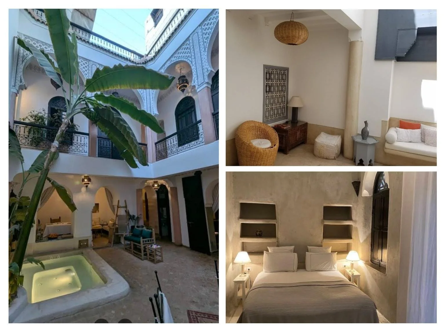 馬拉喀什住宿推薦 Riad Tawargit 公共空間有小泳池，房間乾淨舒適。