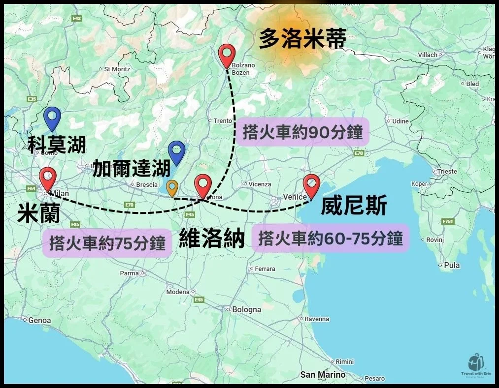 義大利地圖，顯示從威尼斯、米蘭與 Bolzano 搭火車前往維洛納大約所需的時間。