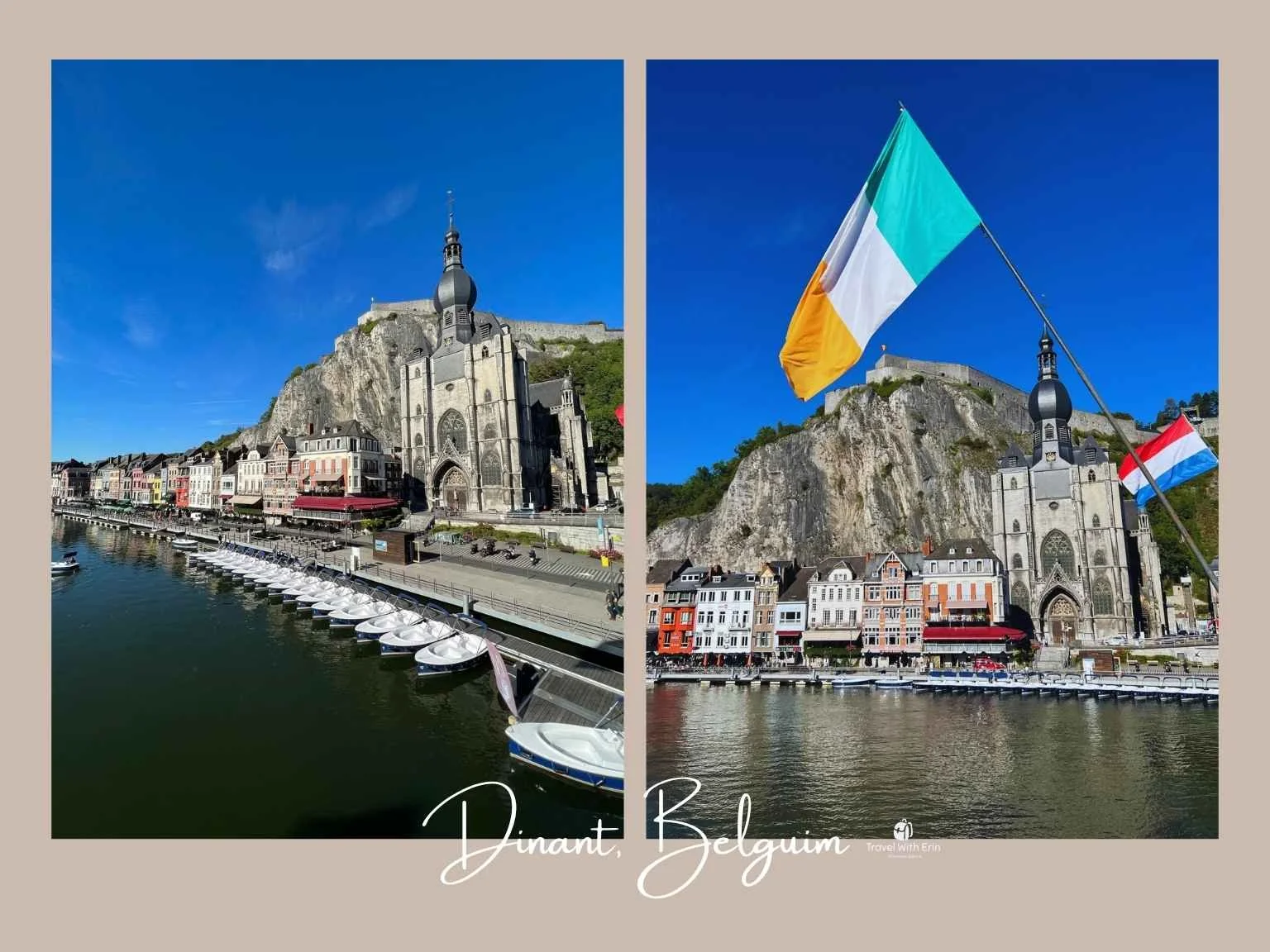 陽光映照下的迪南默茲河河畔風光