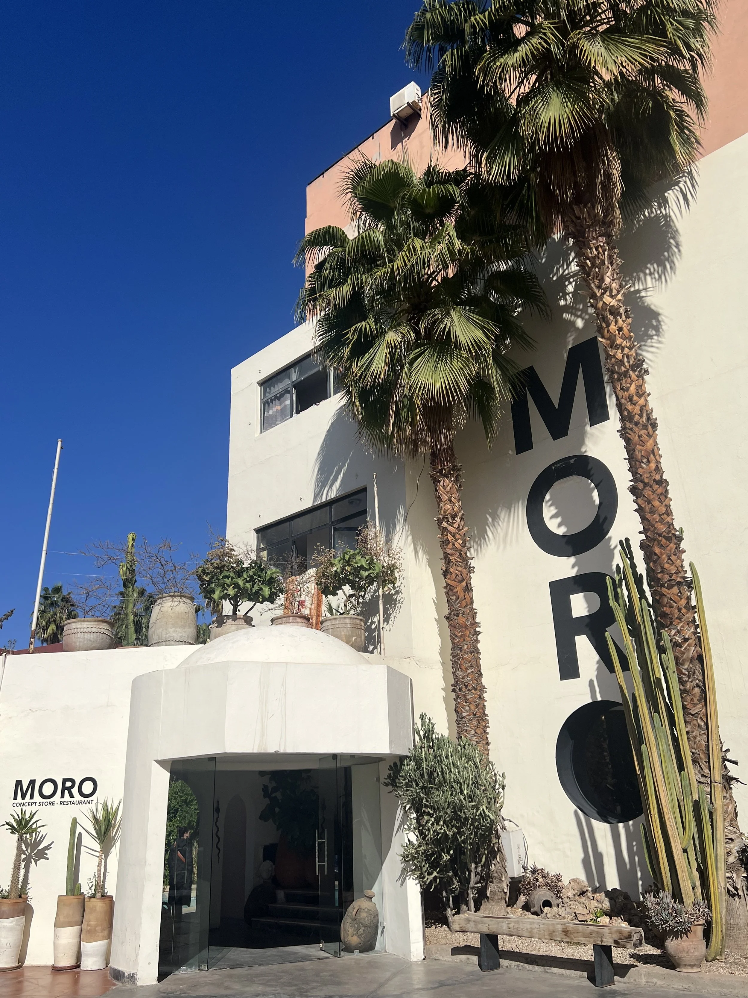馬拉喀什新城區 Moro 店門口，外觀摩登乾淨，還有巨大仙人掌。