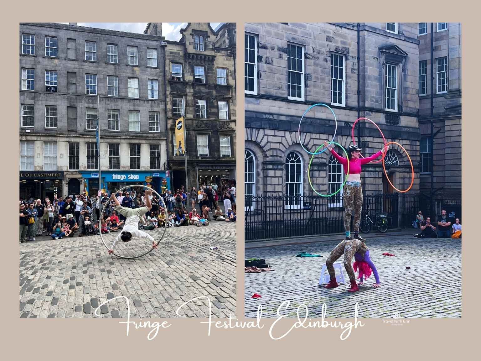 藝穗節在 Royal Mile 上的呼拉圈街頭表演，吸引路過旅人駐足欣賞。