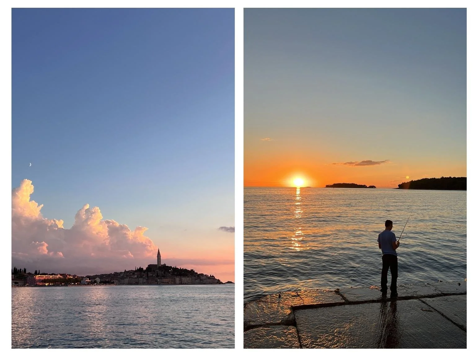 羅維尼港口夕陽西下，一位釣魚的人站在岸邊形成剪影，畫面浪漫又動人。