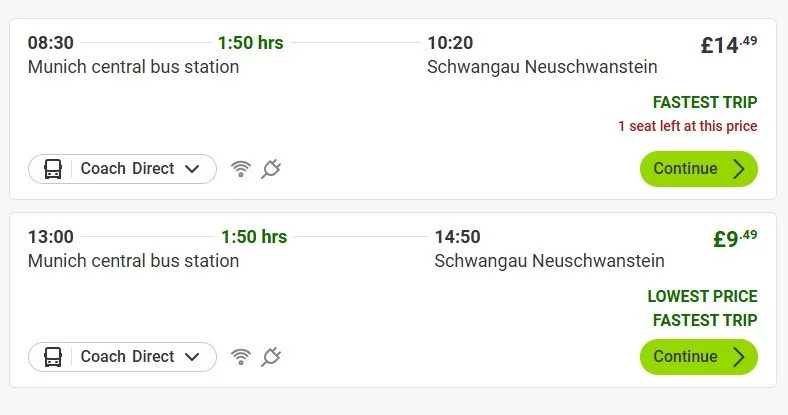 FlixBus 從慕尼黑直達施萬高新天鵝堡的班次資訊截圖，清楚標示出發時間與車程。