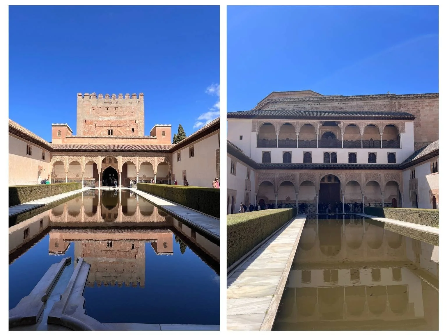 格拉納達阿爾罕布拉宮的桃金孃庭院，長形水池映照宮殿立面，是宮殿中最經典也最優雅的景點之一。