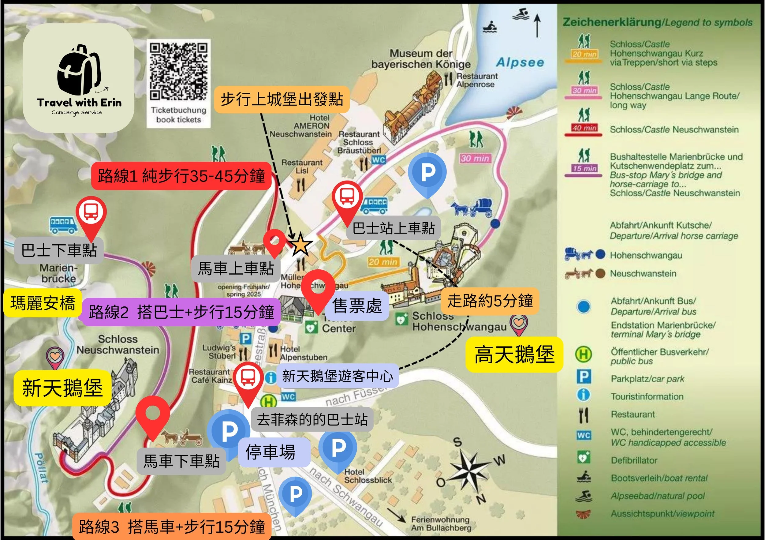 地圖顯示從停車場前往新天鵝堡的三種路線:步行、接駁巴士與馬車。