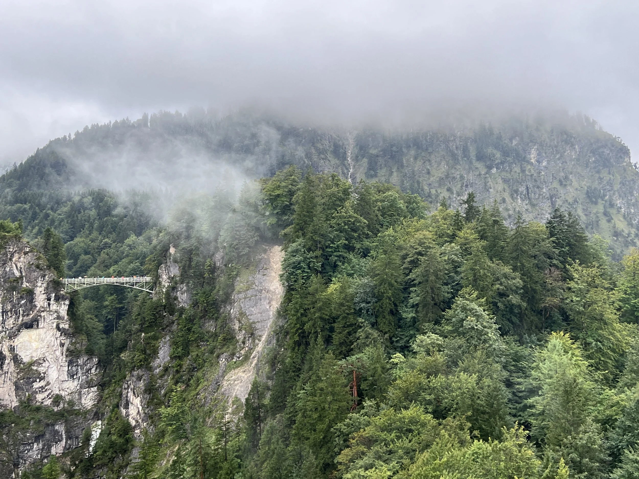 新天鵝堡視角下的瑪麗安橋與周圍自然風光。