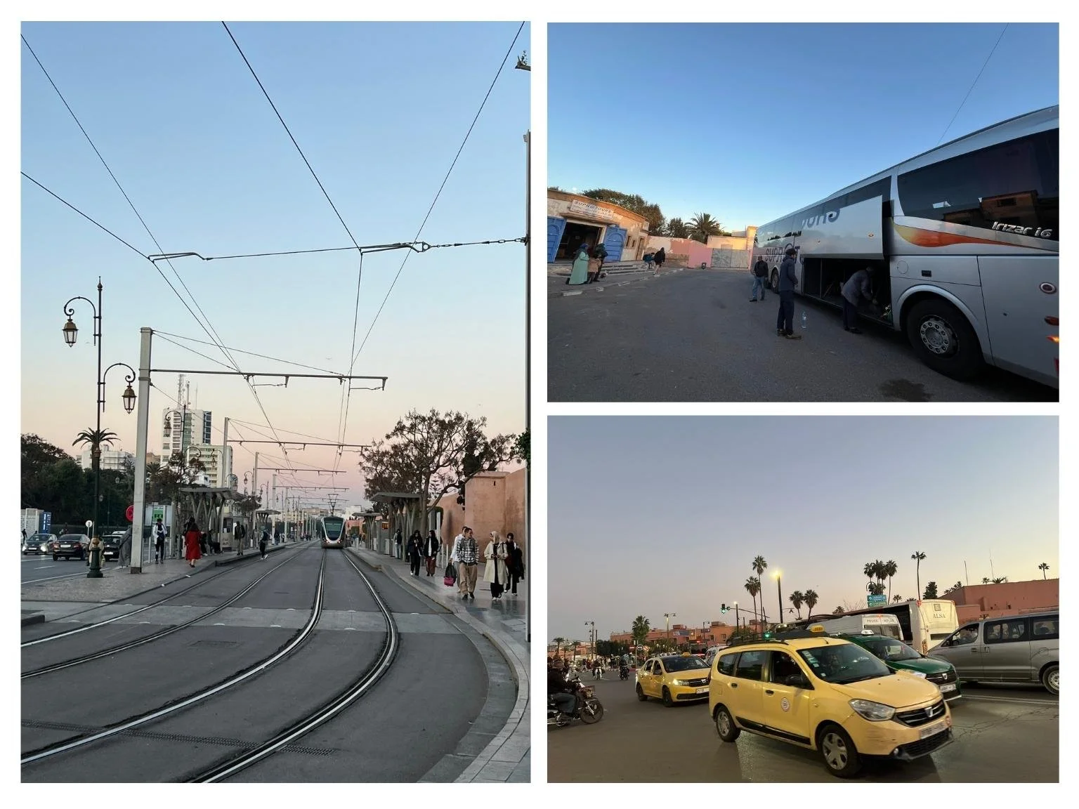 摩洛哥常見交通工具集合，包括路面電車、巴士與計程車。