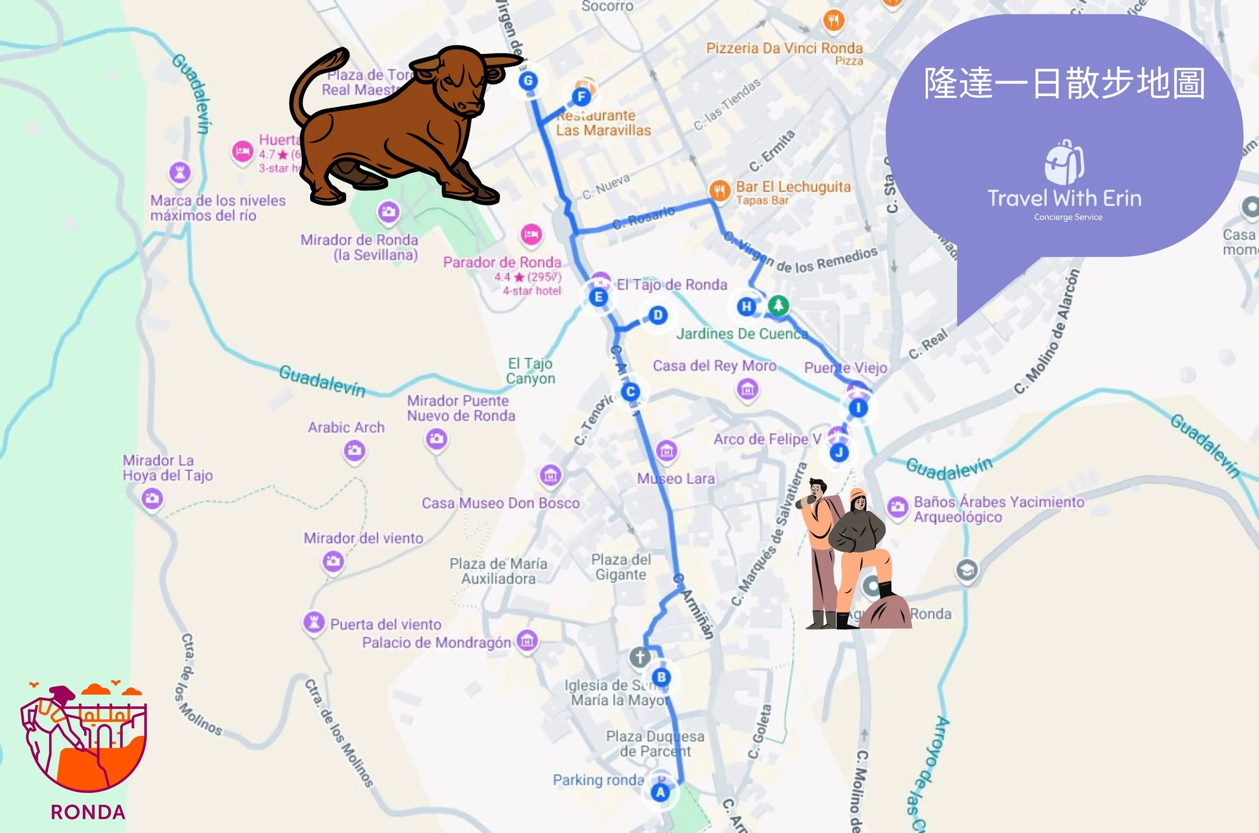 隆達市區觀光散步路線地圖,適合一日遊