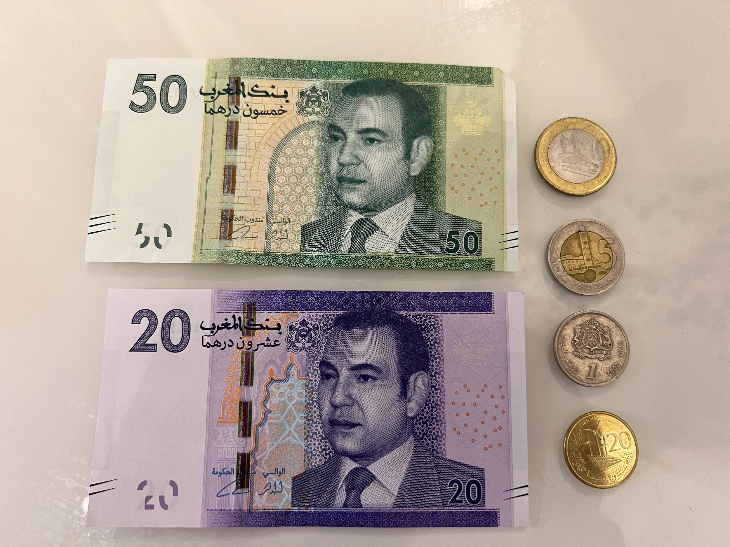 摩洛哥官方貨幣迪拉姆，包含紙鈔與硬幣的實際樣貌。