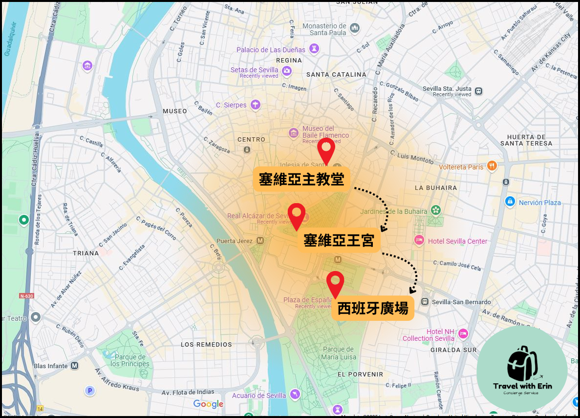 塞維亞自由行行程安排第一天路線地圖: 塞維亞主教座堂 → 阿爾卡薩王宮 → 西班牙廣場