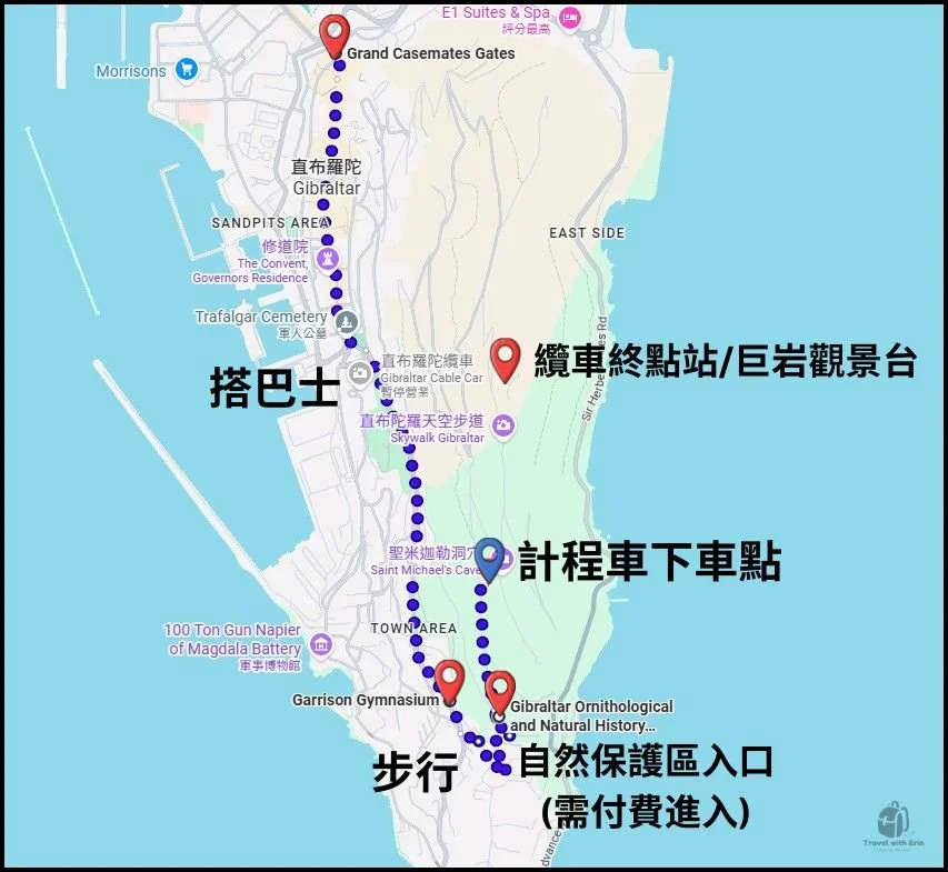 直布羅陀交通地圖，標示巴士路線、下車點與計程車停靠處