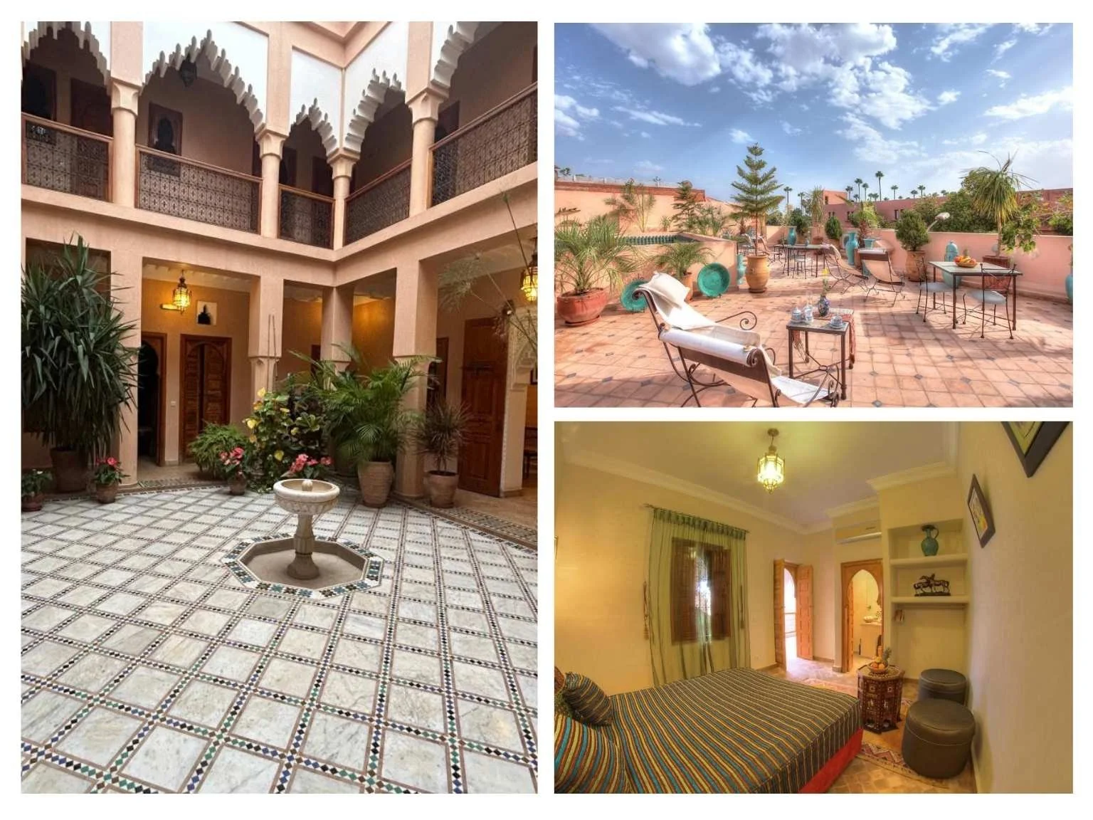 馬拉喀什老城區住宿Dar Tasnime 內部有摩洛哥風格的 Roof top 公共空間與房間。