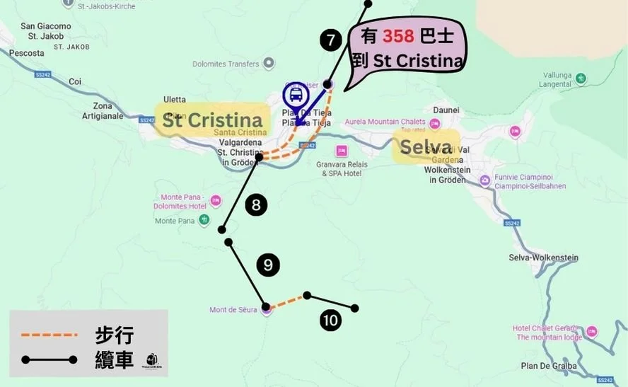 多洛米蒂 St. Cristina 小鎮4條纜車路線位置圖，顯示各站連接高山登山路線