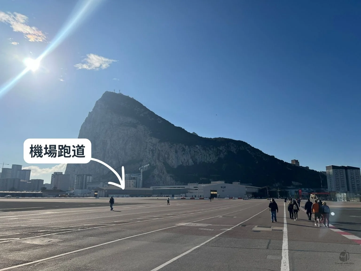 直布羅陀機場跑道與行人通行區，右手邊是步行進出直布羅陀的通道