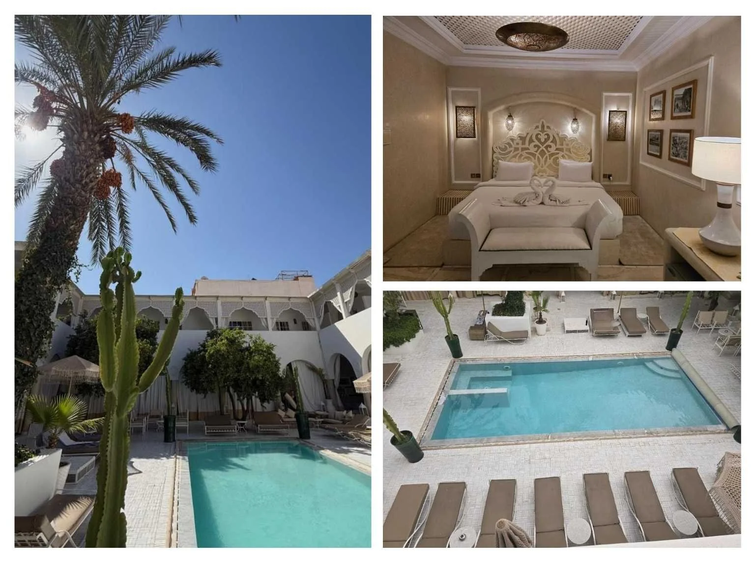 馬拉喀什老城區住宿 Riad Palais Blanc & Spa 有質感的公共泳池與乾淨的房間內部，適合想住好一點的旅人。