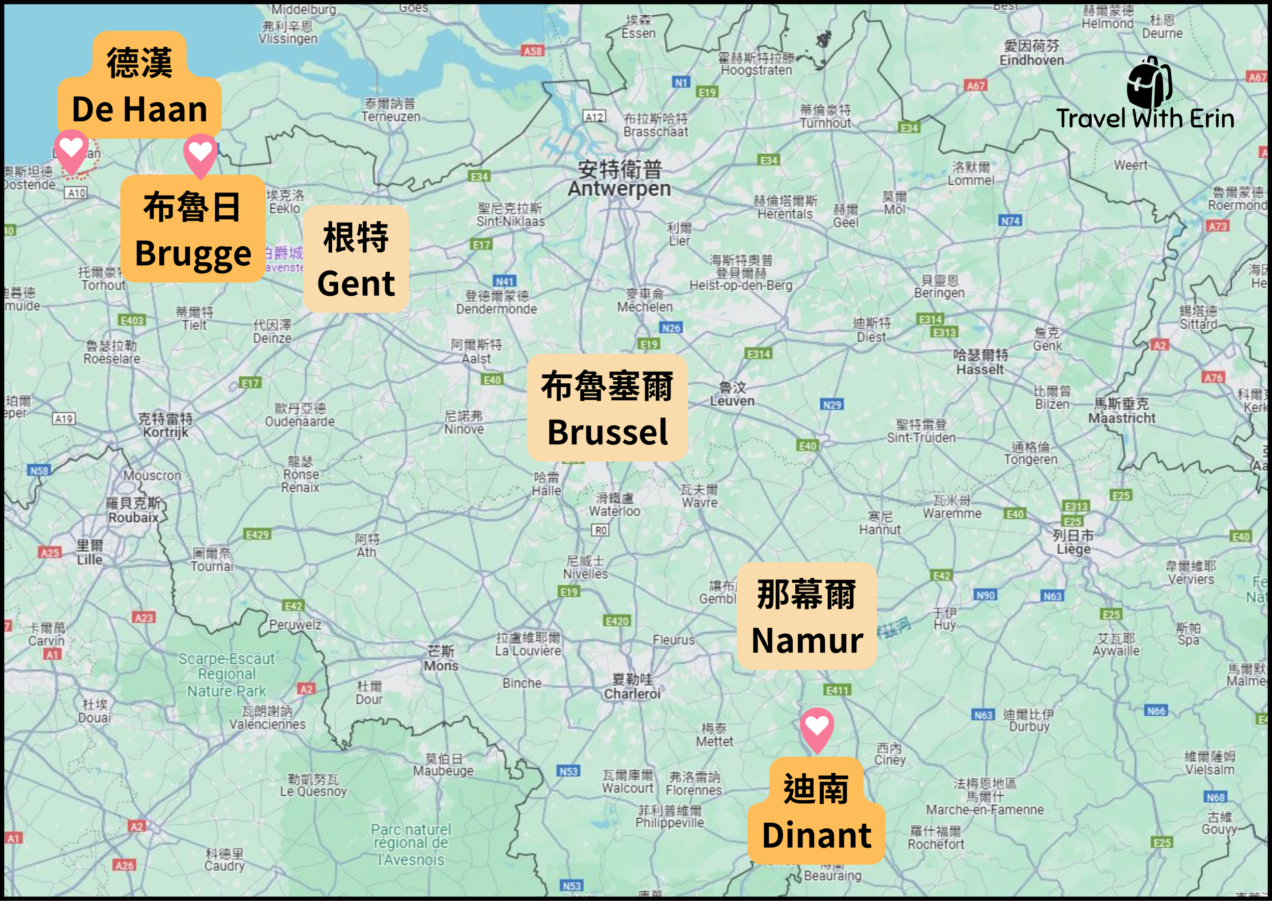 比利時迪南在地圖上的位置標示