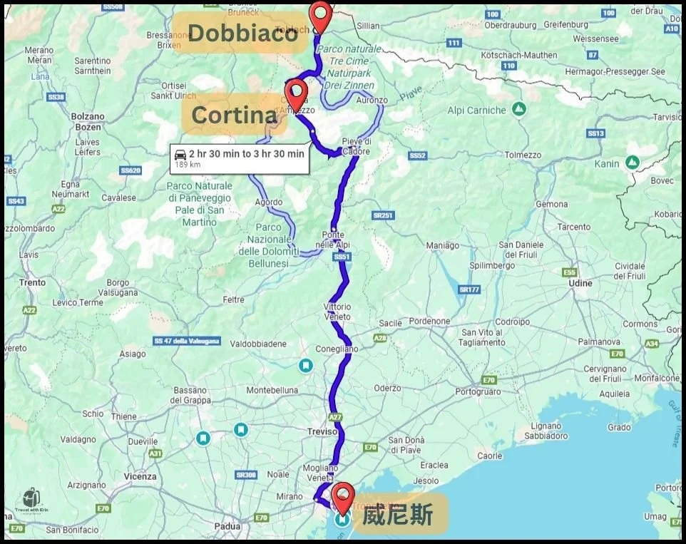 從多洛米蒂 Dobbiaco 前往威尼斯的路線圖，中途會經過 Cortina d’Ampezzo。