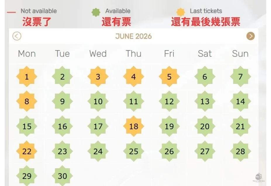 阿爾罕布拉宮官網訂票第一步，選擇參觀日期並查看當天門票剩餘狀況