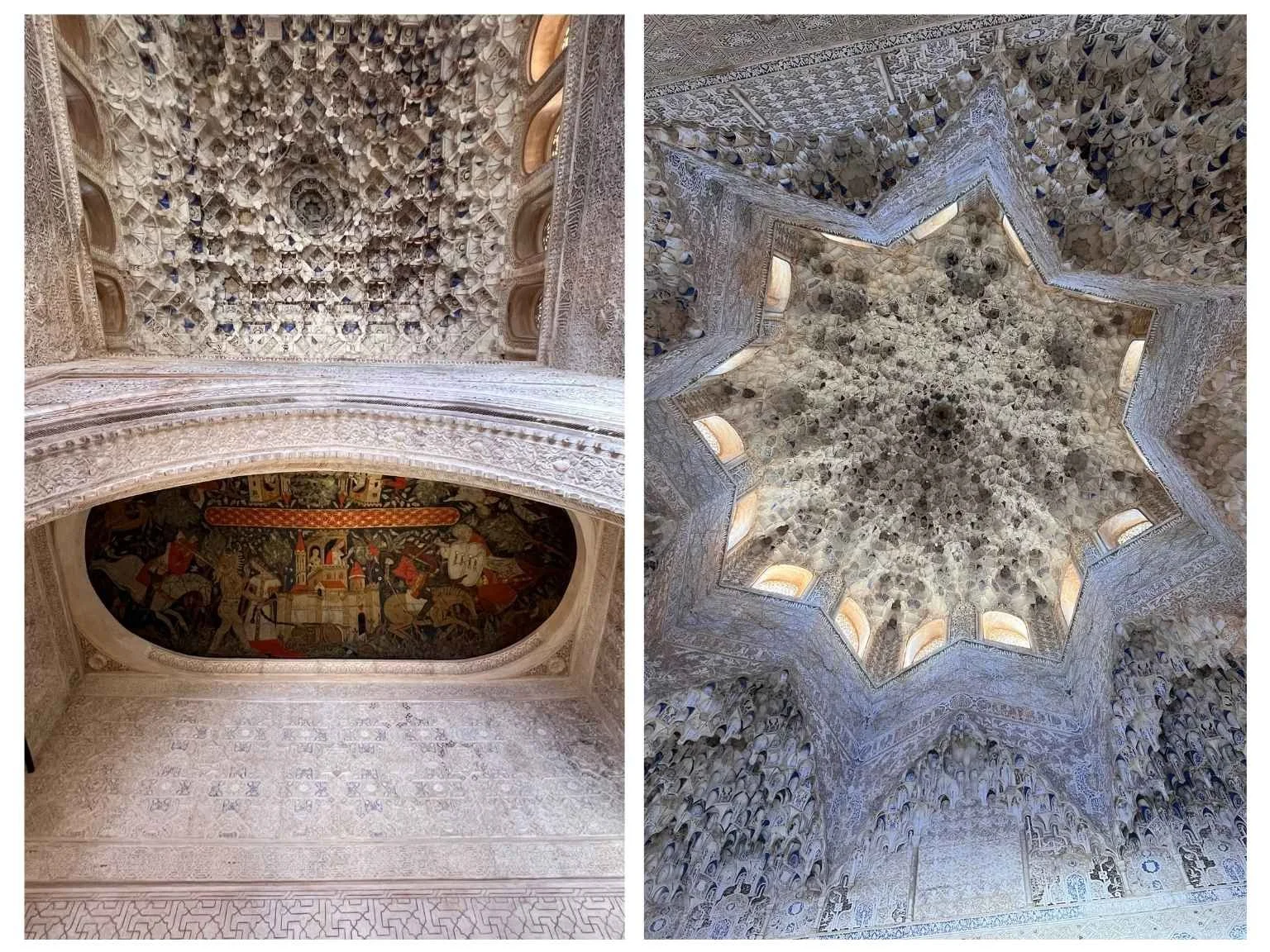 走進阿爾罕布拉宮納斯里德宮，可看到國王廳罕見的天花板壁畫，以及阿本塞拉赫斯廳精緻的 muqarnas 蜂巢式穹頂，現場視覺震撼感十足。