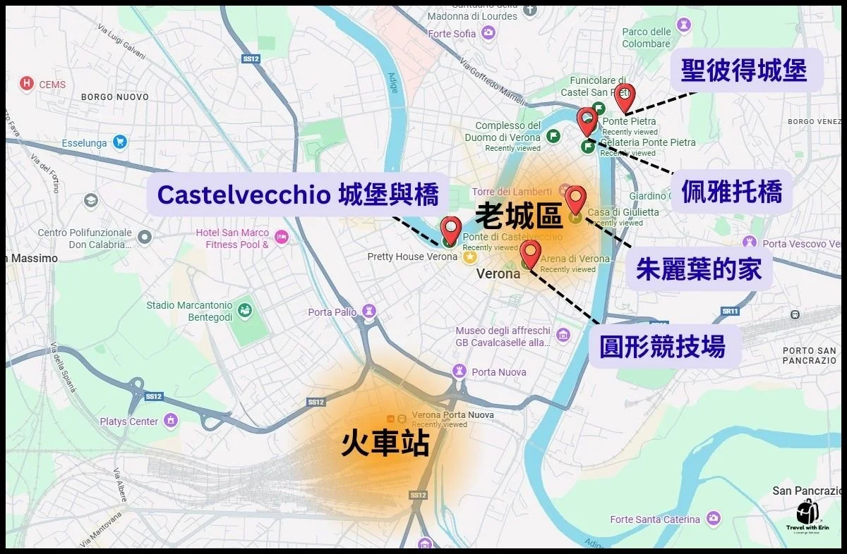 維洛納住宿地圖，呈現老城區與 Porta Nuova 車站兩大住宿區域。